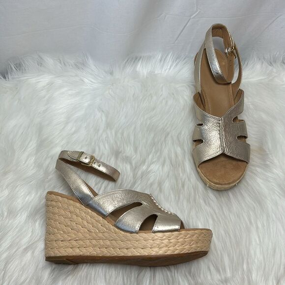 UGG Careena NWOT Gold Leather Raffia Wedge Espadrille Sandals Sz 11 - Picture 2 of 7